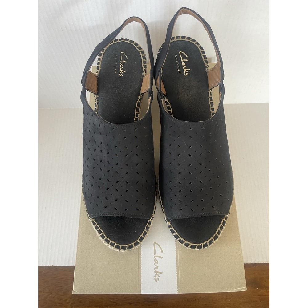 Clarks Artisan Black Espadrille Wedge Sandals Womens 10W Wide Peep Toe Slingback